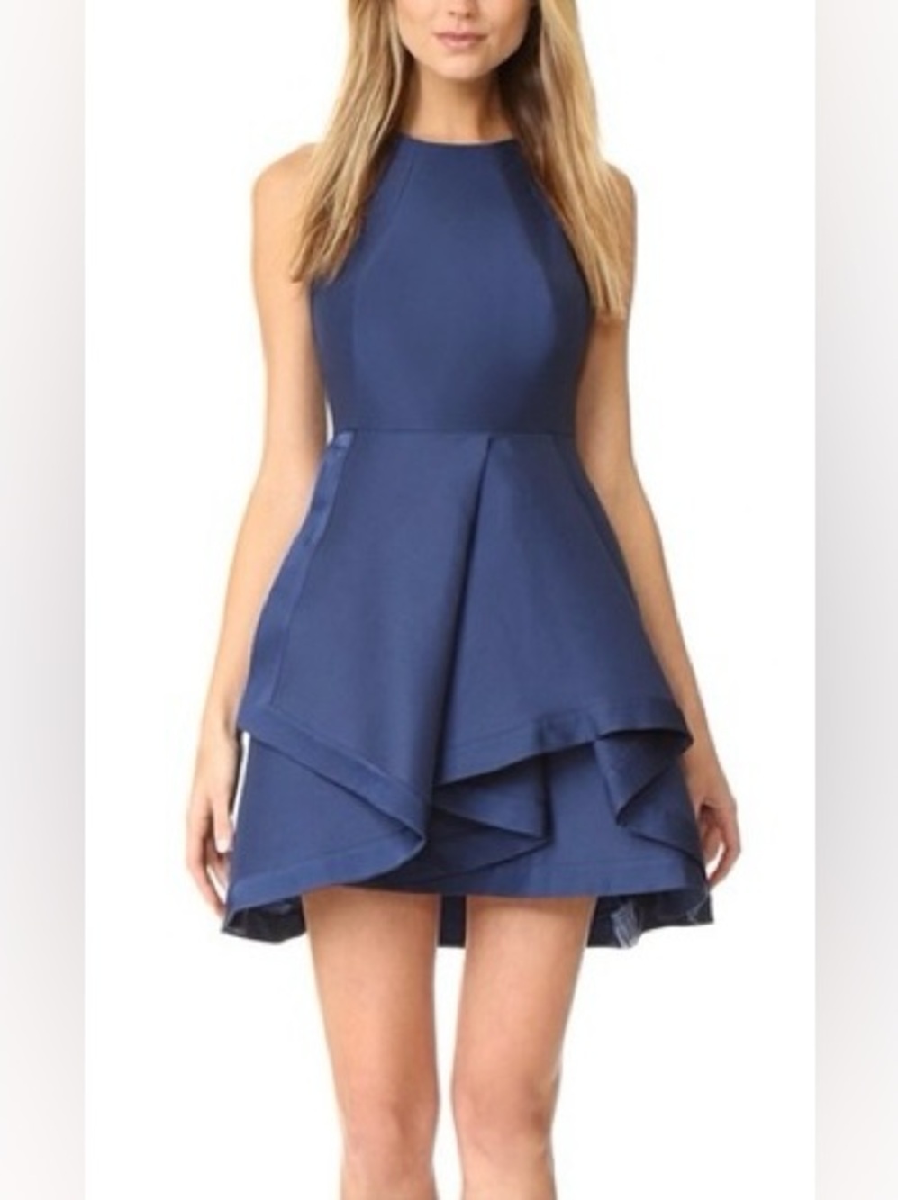 Halston Heritage High-Neck Layered Handkerchief Navy Mini Dress Cotton & Silk, 2